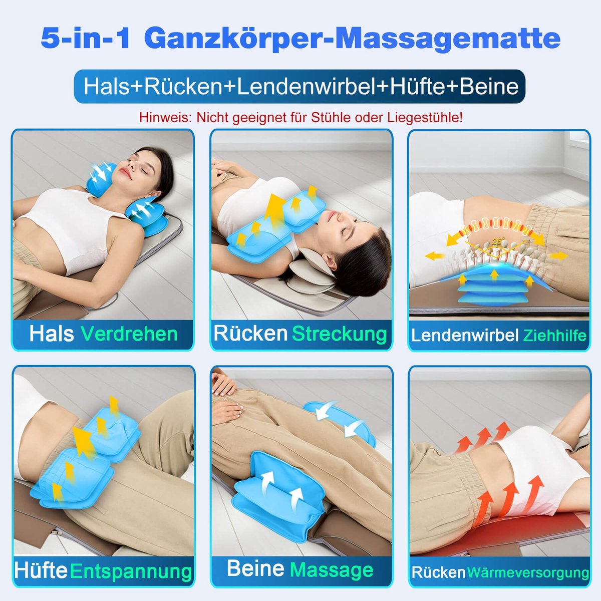 SnelShoppen - Massagemat voor het hele lichaam met 3D-strekking en lendentractie, rugverwarming, 4 modi, 3 intensiteits- en 3 warmtestanden, PU-leer,