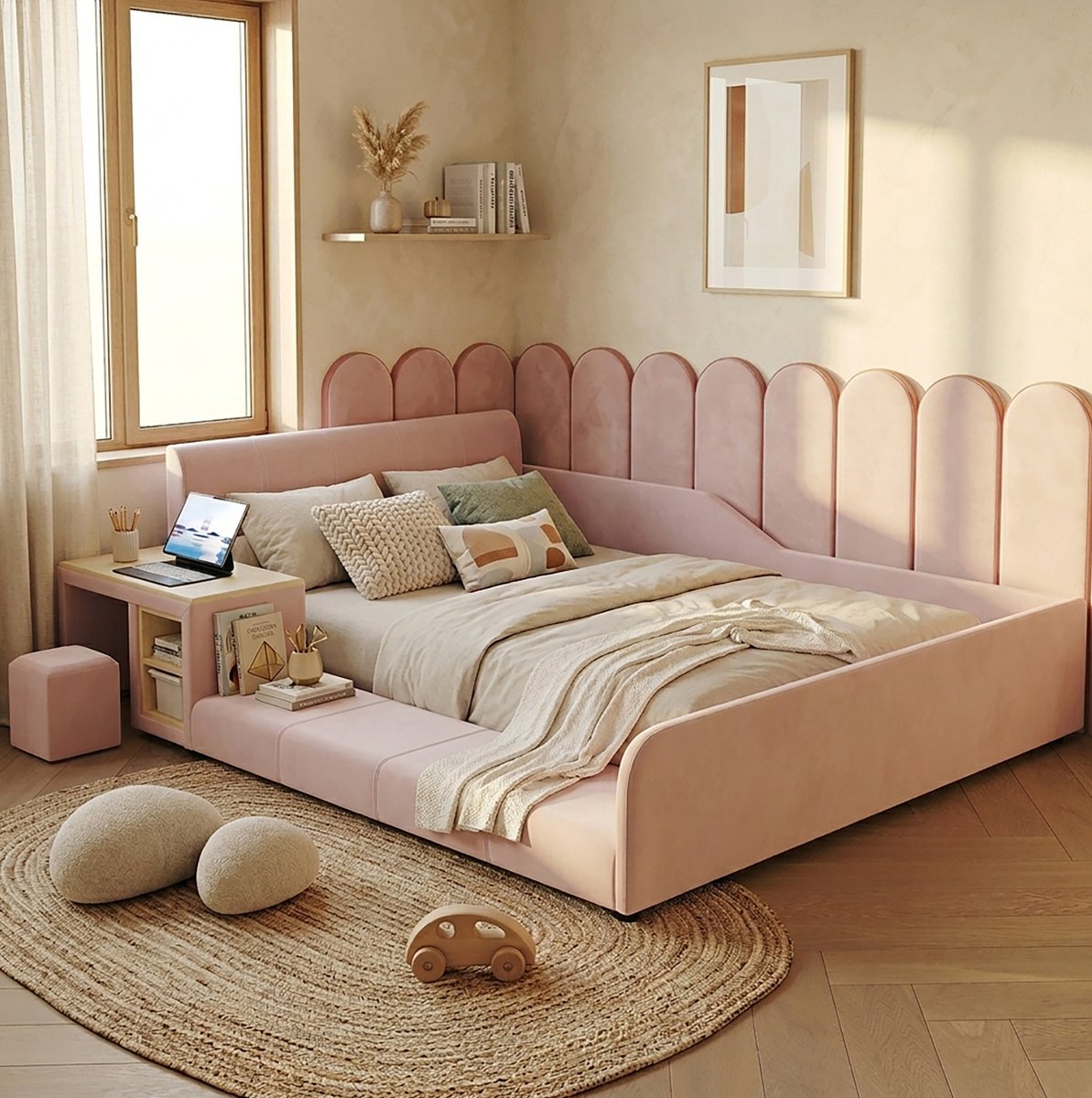 MIVRAY Kinderbed 140x200cm Met Bureau En Hocker - Soft Gevoerd Eenpersoonsbed Met Opbergplank - Voor Kinderkamer - Fluweel - Roze