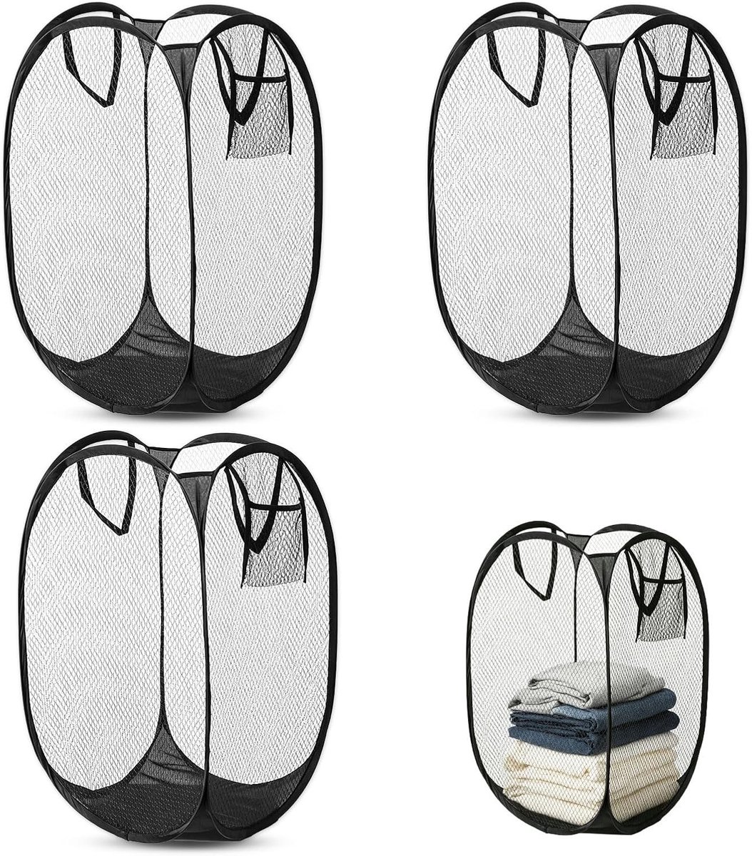 Set van 3 Opvouwbare Wasmanden van 75L, Ademend Net, Geschikt voor Badkamer en Kamperen, Handige Handvatten en Ruimtebesparend Design