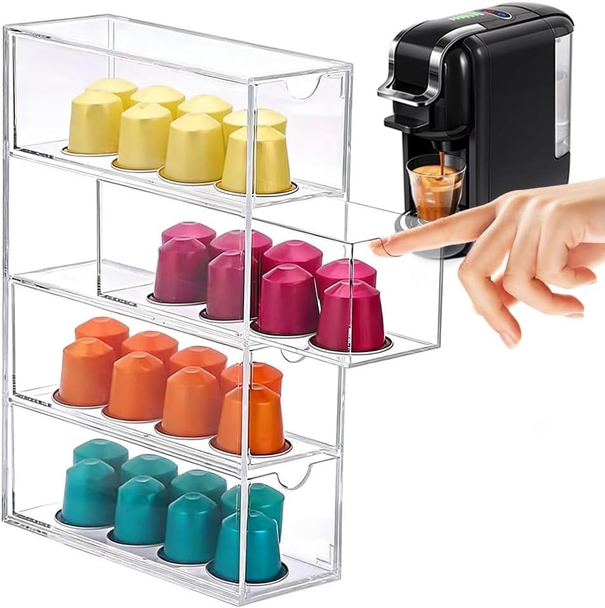 Transparante Capsules Opbergtray voor Koffiecapsules, Suiker, Kantoorbenodigdheden en Cosmetica - Stapelbare Acryl Opbergdoos met Lades