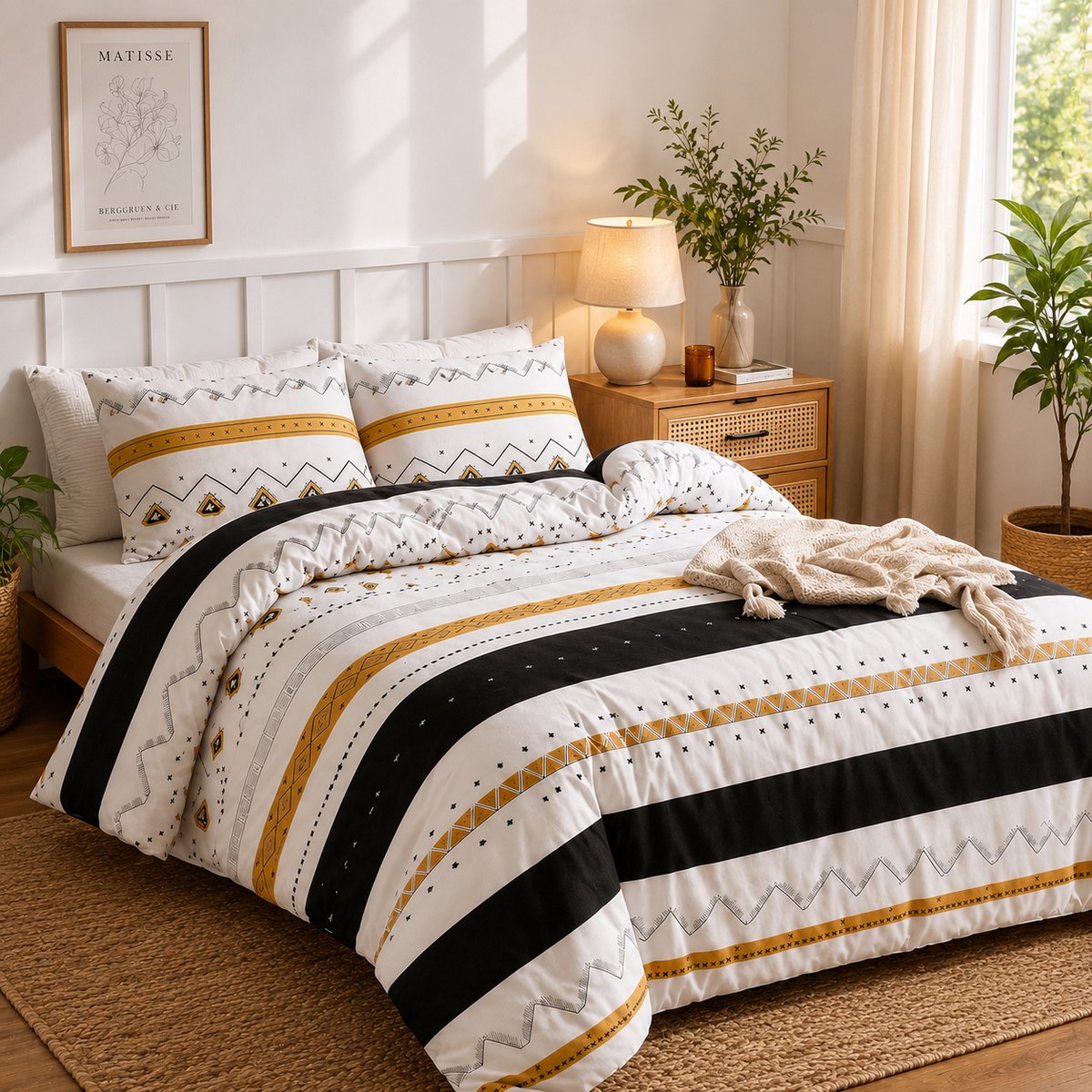 Dekbedovertrekset 240x220 cm - 3-delig Microfiber Bohemian Geel Wit - 1 Dekbedovertrek + 2 Kussenslopen