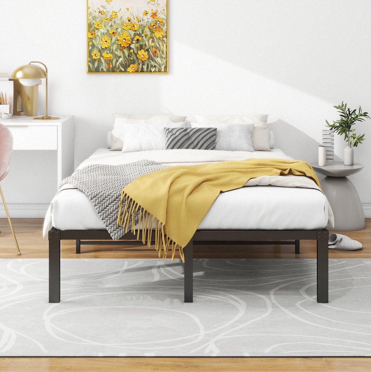 FloraGrace Bedframe 120x200 cm - Zwaar Metalen Bed Met Hoofdbord - Met Opbergruimte - Zwart - Zonder Matras
