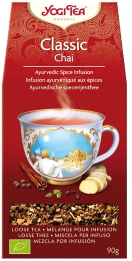 Yogi Tea Classic Chai, biologische losse thee 90g. Rode verpakking met beker thee, kruiden en specerijen zoals kaneel en gember.