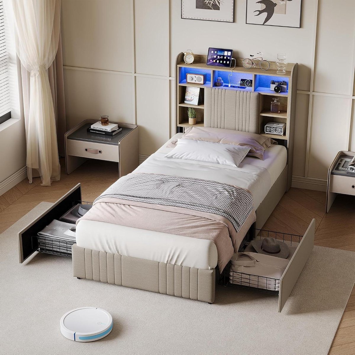 Gestoffeerd Bed - Eenpersoonsbed Laden - Opbergen Slaapkamer - Met Led en Laadstation - 90x200 cm - Beige