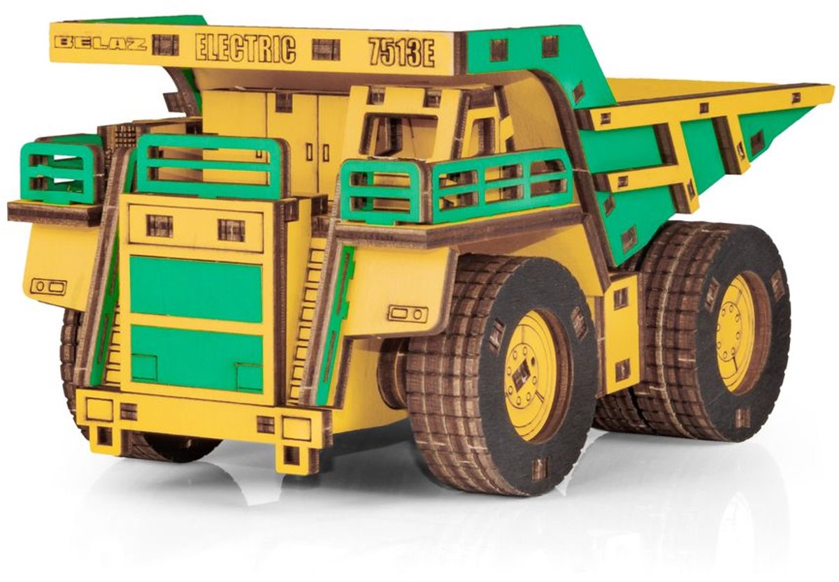 Eco Wood Art (EWA) 3D Mechanische Houten Puzzel, Mining Dump Truck Belaz-7513E, 4219, Kleur Geel en Groen, 17x10x9cm