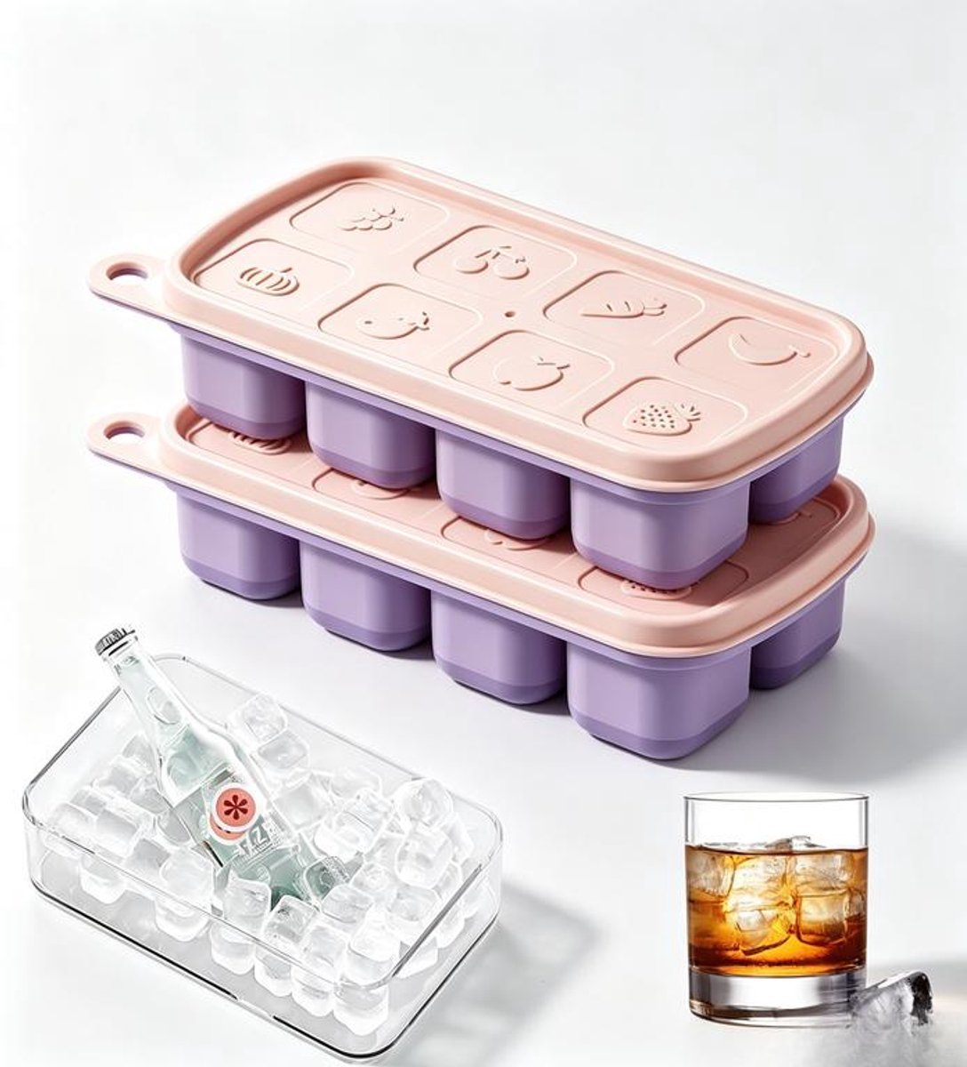 KZQ siliconen ijsblokjesvormen - 2 schattige siliconen ijsblokjesvormen - Met deksel - BPA-vrij, gemakkelijk te ontvormen - Geschikt voor whisky, cocktails, babyvoeding, feestjes - Roze-paars - 15 x 4 x 7 cm