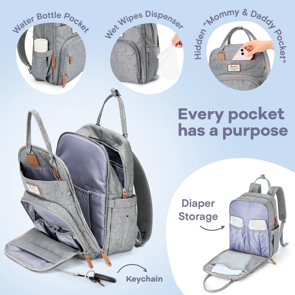 SnelShoppen - Ruvalino Luiertas Rugzak met Verschoonmat voor Baby, Waterdicht, Grijs, Ideaal voor Mama en Papa, Handig voor Wandelen en Dagelijkse Act