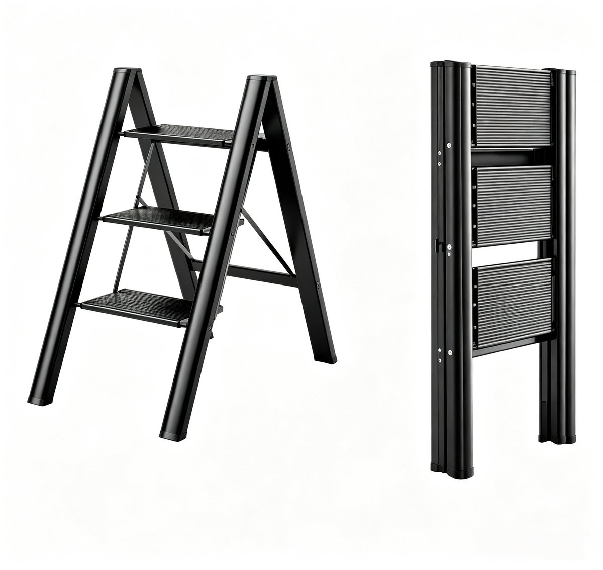 Treden Trap - Opvouwbare Trapladder 3 - Aluminium Keukentrap-Lichtgewicht Opstapje – Anti-Slip – Compact – Brede Treden - Stevig - Voor Thuis - 65x45x82cm- 150kg-Zwart