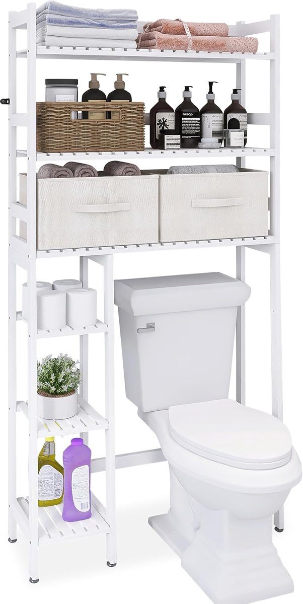 SnelShoppen - Badkamer Opbergrek met Lade, Bamboe Toilet Opbergrek, Vrijstaand Toilet Ruimtebesparend met 3-Tier Verstelbare Planken (Wit)