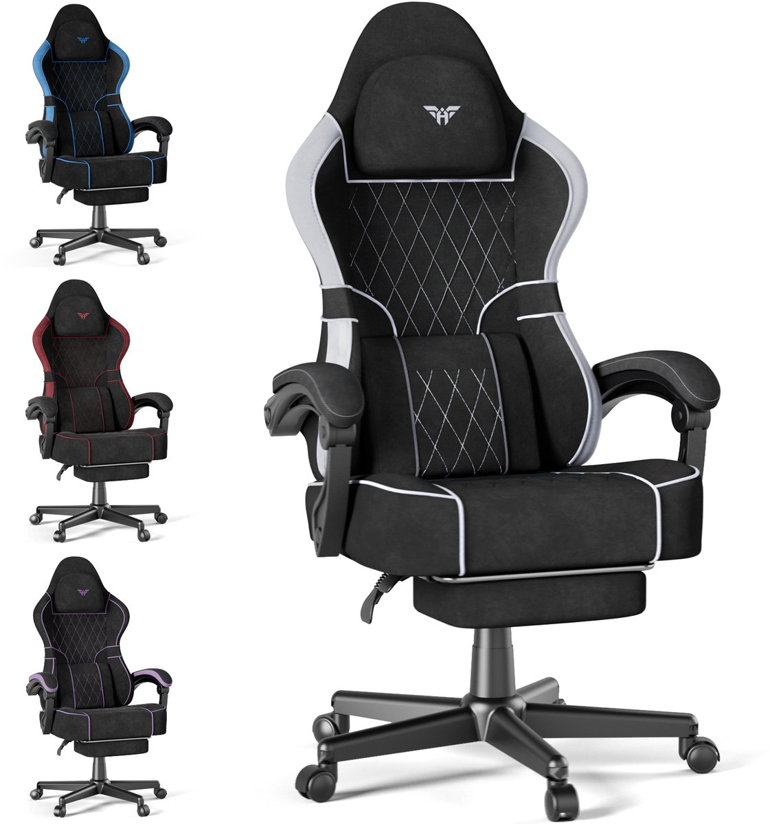 Arvioo CK-HD560 Gaming Stoel - Voetensteun - Massage Lendenkussen - Nubuck Fluweel Zwart-Grijs