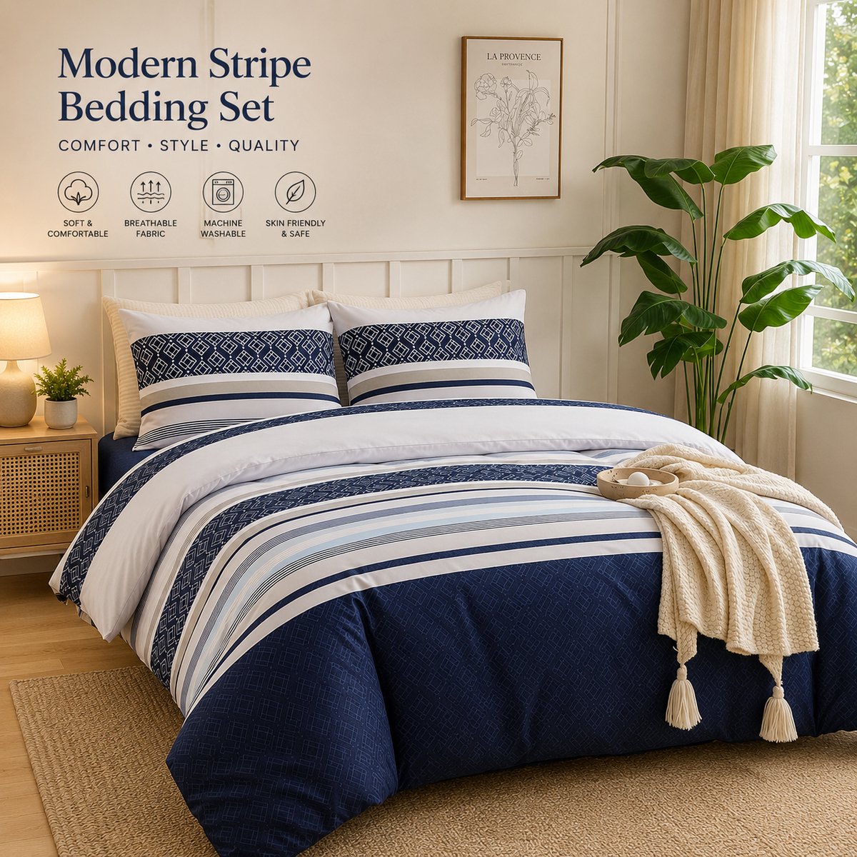 Dekbedovertrek 240x220 cm Bohemian Patroon Microfiber - 3-delig met 2 kussenslopen 50x75 cm - Blauw/Strepen