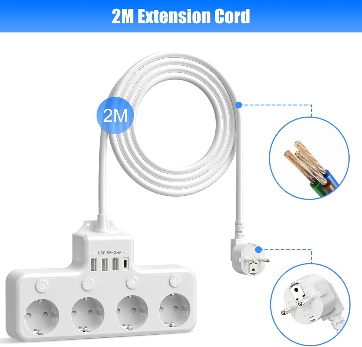 SnelShoppen - 4-Way Stekkerdoos met Enkele Schakelaar, Stekkeradapter, Verdeelstopcontact met USB, Meerdere Stopcontacten met USB C, Meerdere Pluggen