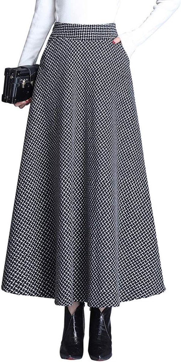 Geruite maxi-damesrok voor de winter, met elegante hoge taille, warme