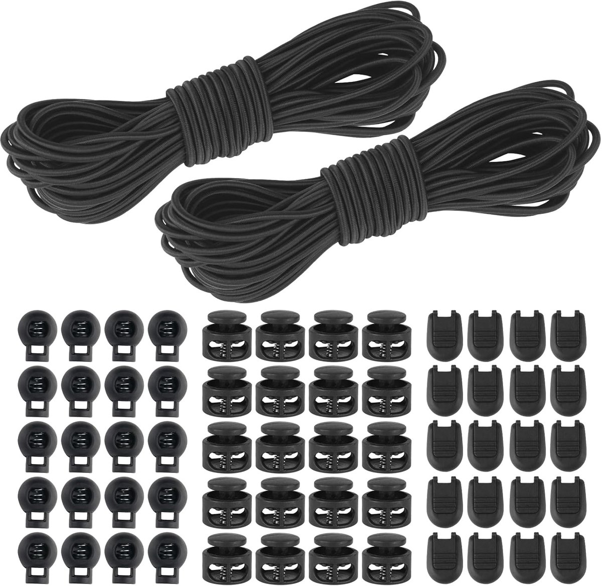 Nylon Elastisch Koord van 3 mm x 10 m, 2 Bungee Nylon Rekbaar Koord met 20 Stuks Ritssluiting, Dubbele Gatveren en Veer met Enkele Opening voor Rugzak, Veters (Zwart)