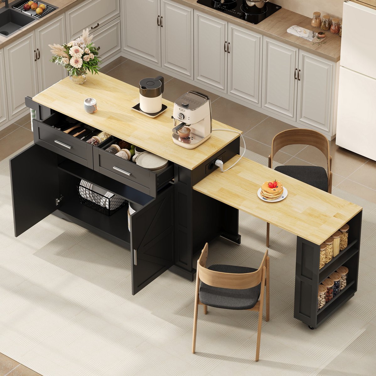 MIVRAY Keukeninsel - Uitschuifbaar Werkblad Met Stopcontact En Usb - Veel Opbergruimte Voor Keuken - MDF - Zwart Eiken - 130x50x93 Cm