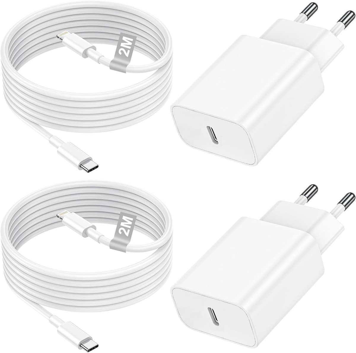 Snel Opladen Kabel en USB C Oplader 2-Pack, 20W Snellader met USB C naar Lightning Kabel voor iPhone 14/13/12/11 Pro/Plus/XR/X/8/7, Type C Voedingsadapter en Oplaadplug