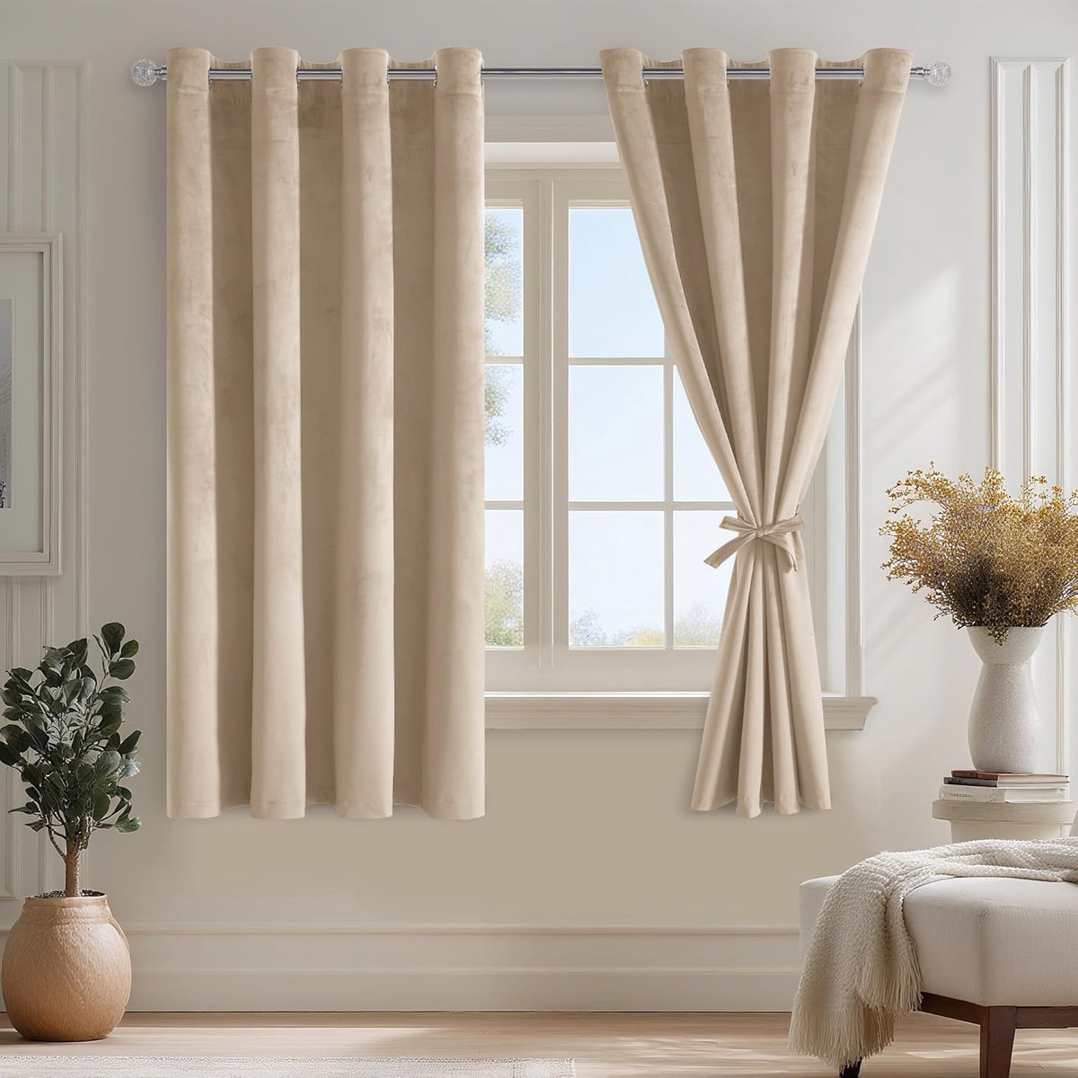 Lichtbeige fluwelen gordijnen met ringen, set van 2 H145xB140cm
