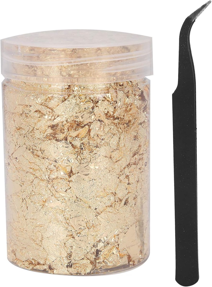 10g gouden vlokken, vergulde hars vlokken set, goudfolie vlokken met pincet, nail art doe-het-zelf gouden vlokken glanzende goudfolie glitter decoratie manicure tool