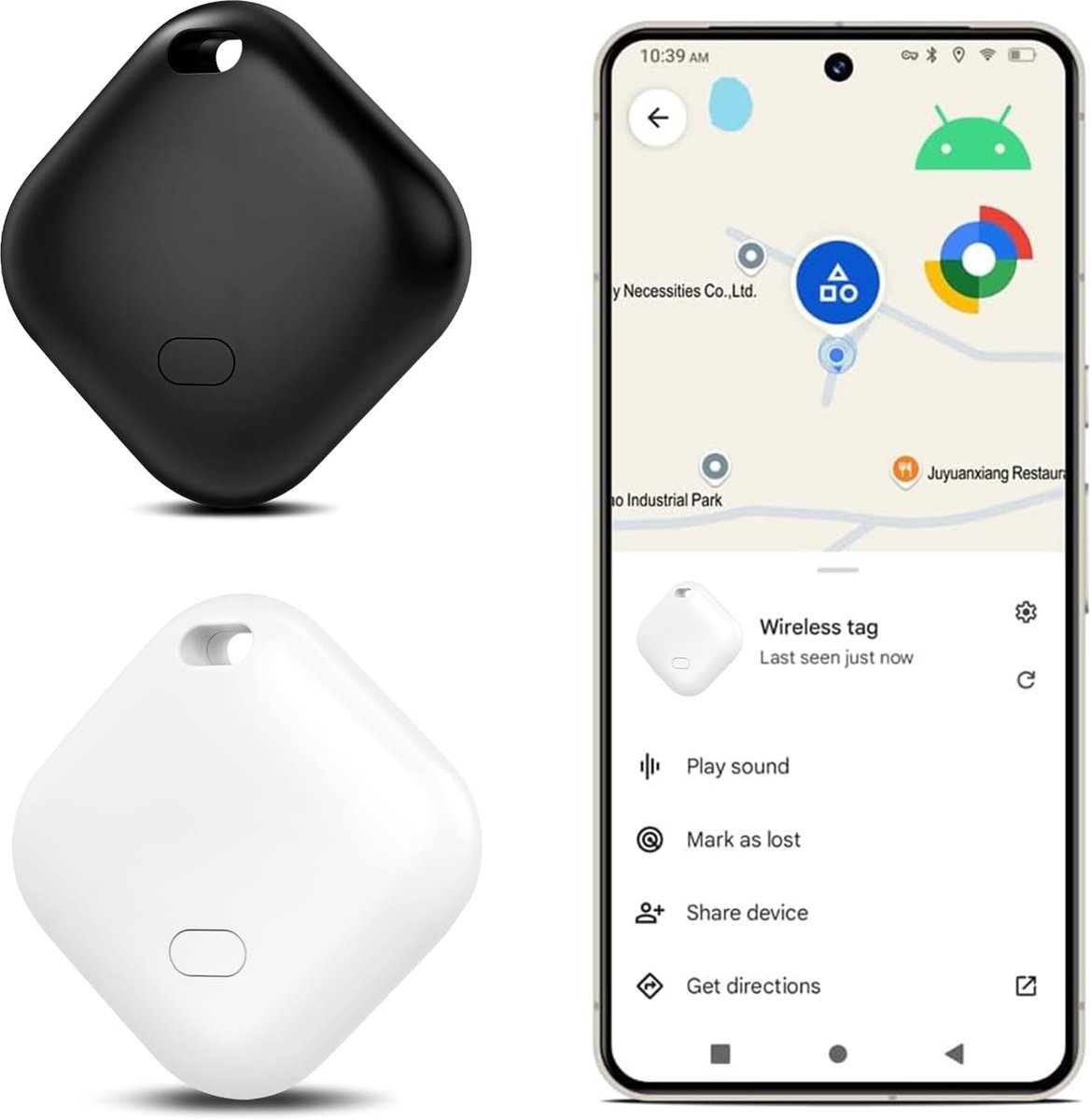 Smart Tag, Google mijn apparaat vinden app, bluetooth-tracker, IP66 waterdicht, sleutelzoeker voor bagage, portemonnee (wit en zwart, 2 stuks)
