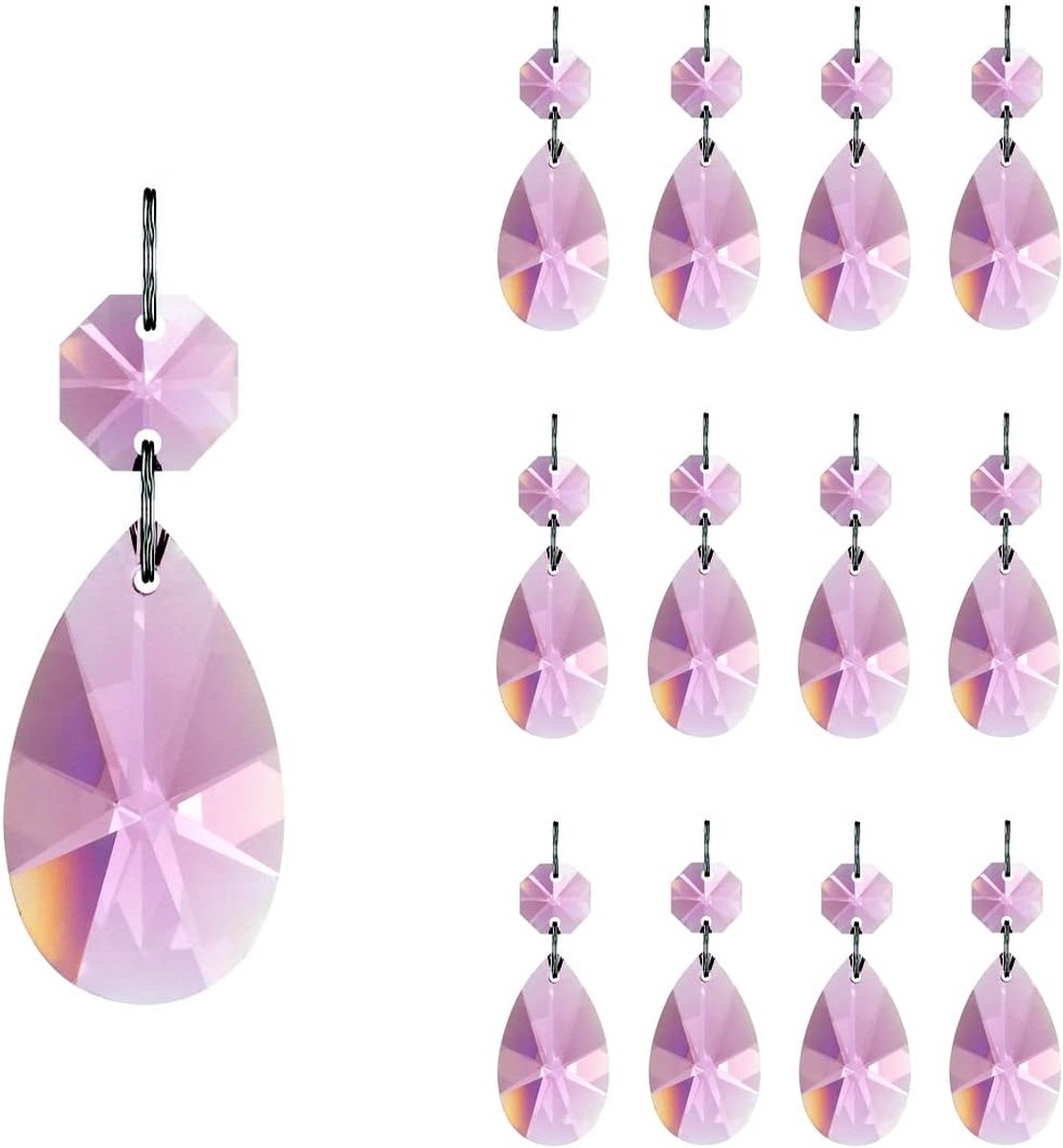 12 stks 38 mm Teardrop Crystal Kroonluchter Prisma's Onderdelen met Glas Achthoek Kralen Ketting voor Kroonluchters, Bruiloft, Kerstdecoratie GOLDENHAITAI (Roze)