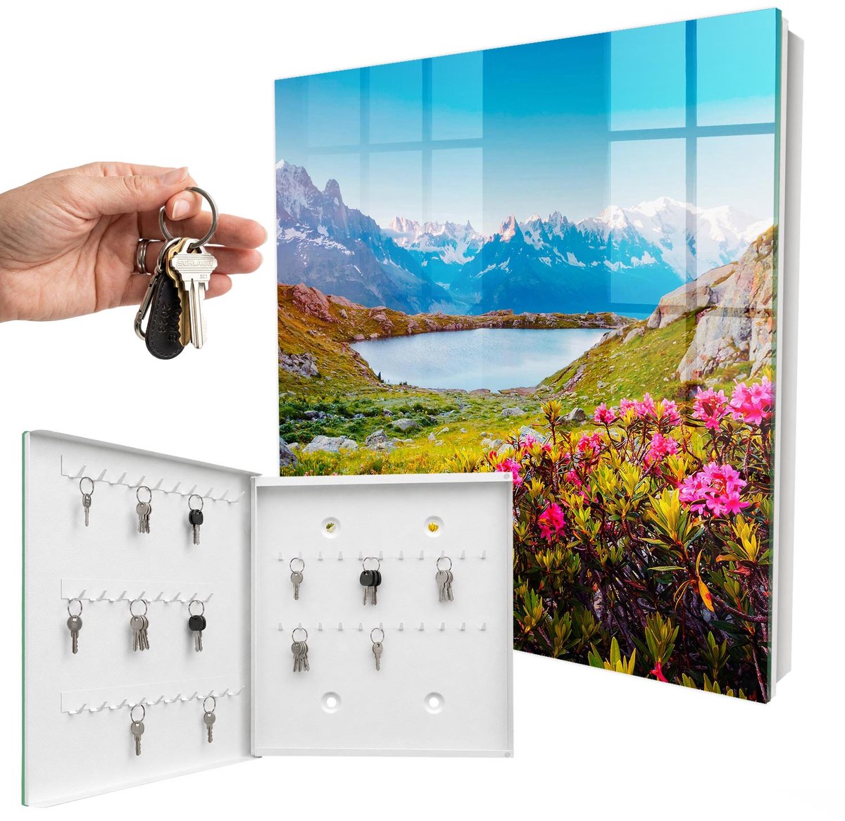WallMuralia - Sleutelkast - 30x30x5 cm - met 50 haken - Berglandschap Sleutelkastje Landelijk - Blauw Sleutelbox - Linksopenend - Wit interieur