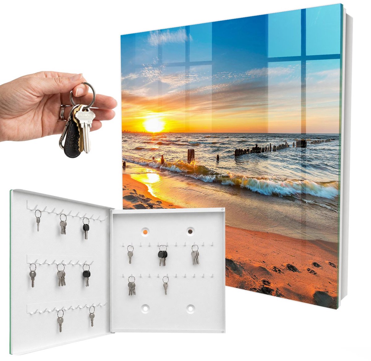 WallMuralia - Sleutelkast - 30x30x5 cm - met 50 haken - Zonsondergang Sleutelkastje Huis - Geel Sleutelbox - Linksopenend - Wit interieur