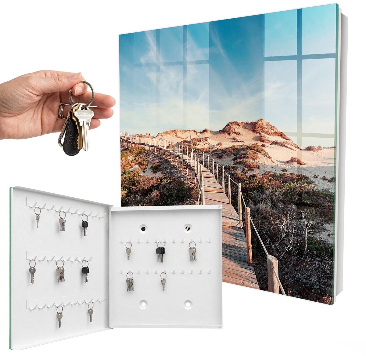 WallMuralia - Sleutelkast - 30x30x5 cm - met 50 haken - Duinenpad Sleutelkastje Muur - Blauw Sleutelbox - Linksopenend - Wit interieur