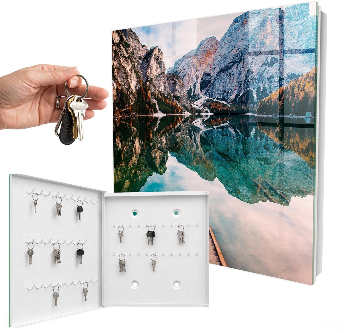 WallMuralia - Sleutelkast - 30x30x5 cm - met 50 haken - Berglandschap Groot Sleutelkastje - Groente Sleutelbox - Linksopenend - Wit interieur