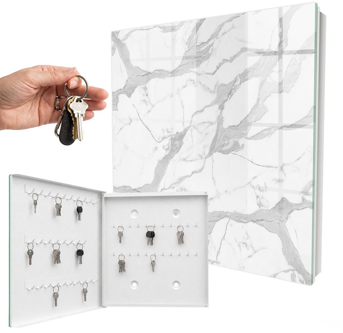 WallMuralia - Sleutelkast - 30x30x5 cm - met 50 haken - Marmeren Elegantie Design Sleutelkastje - Wit Sleutelbox - Linksopenend - Wit interieur