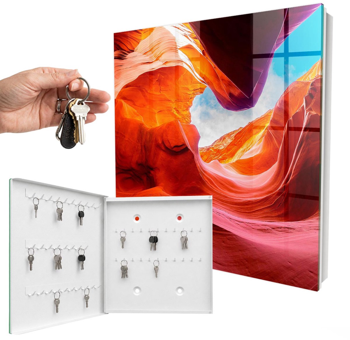 WallMuralia - Sleutelkast - 30x30x5 cm - met 50 haken - Kleurrijke Rotsen Sleutelkastje Muur - Oranje Sleutelbox - Linksopenend - Wit interieur