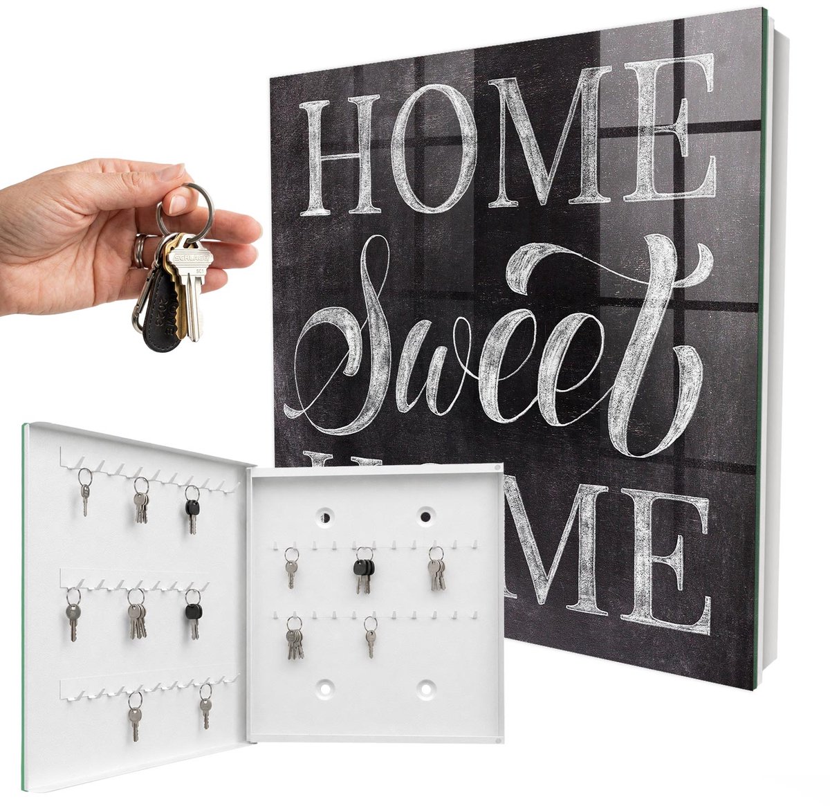 WallMuralia - Sleutelkast - 30x30x5 cm - met 50 haken - Thuis Is Waar Het Hart Is Design Sleutelkastje - Zwart Sleutelbox - Linksopenend - Wit interieur