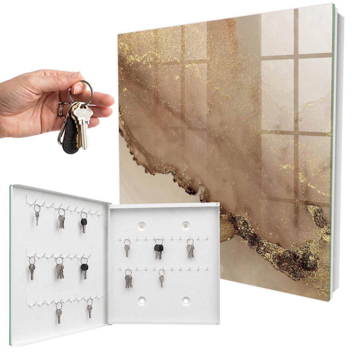 WallMuralia - Sleutelkast - 30x30x5 cm - met 50 haken - Artistieke Abstractie Sleutelkastje Industrieel - Beige Sleutelbox - Linksopenend - Wit interieur