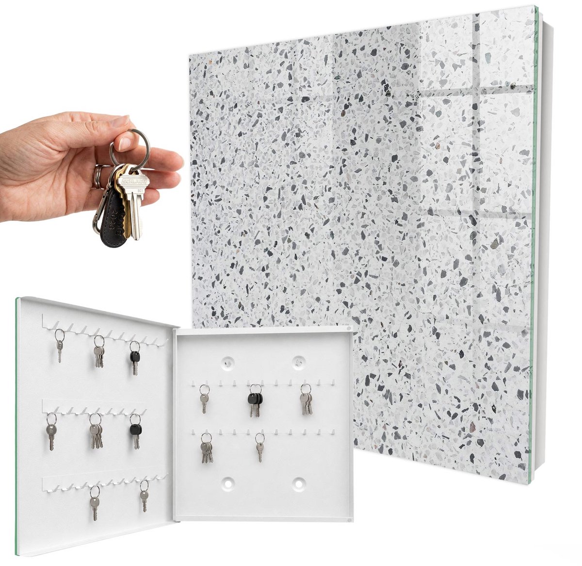 WallMuralia - Sleutelkast - 30x30x5 cm - met 50 haken - Terrazzo-Stijl Design Sleutelkastje - Wit Sleutelbox - Linksopenend - Wit interieur
