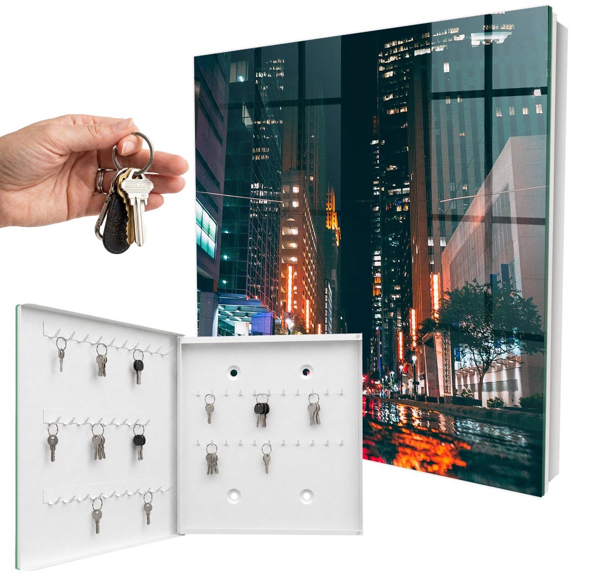 WallMuralia - Sleutelkast - 30x30x5 cm - met 50 haken - Stadsleven Sleutelkastje Klein - Zwart Sleutelbox - Linksopenend - Wit interieur