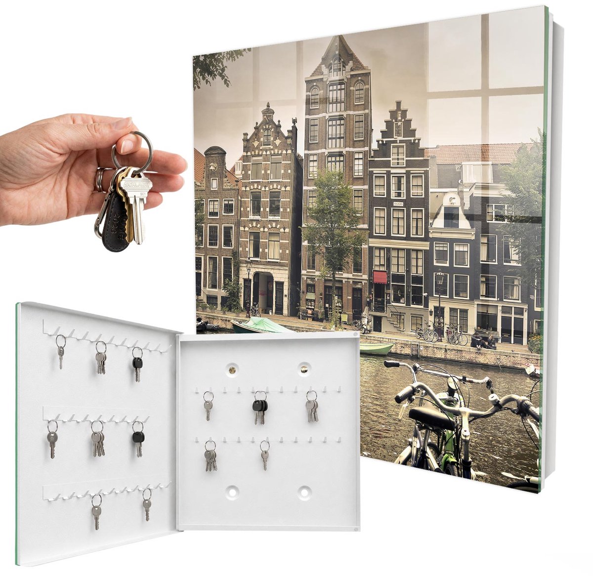 WallMuralia - Sleutelkast - 30x30x5 cm - met 50 haken - Stedelijke Vrede Sleutelkastje Design - Bruin Sleutelbox - Linksopenend - Wit interieur