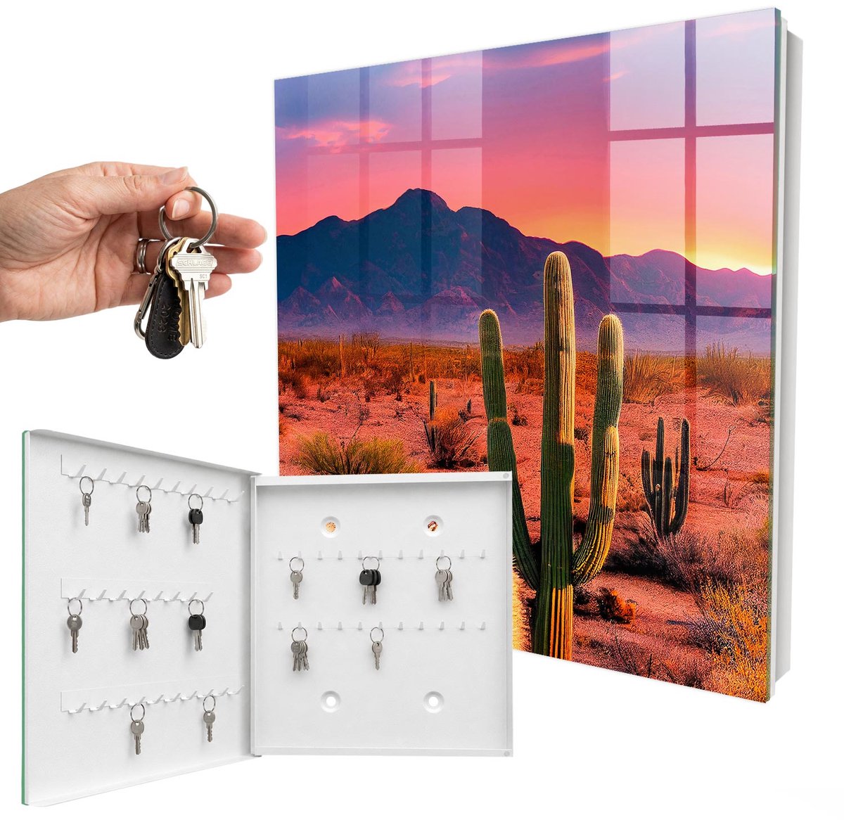 WallMuralia - Sleutelkast - 30x30x5 cm - met 50 haken - Woestijnwesten Sleutelkastje Voor Binnen - Oranje Sleutelbox - Linksopenend - Wit interieur