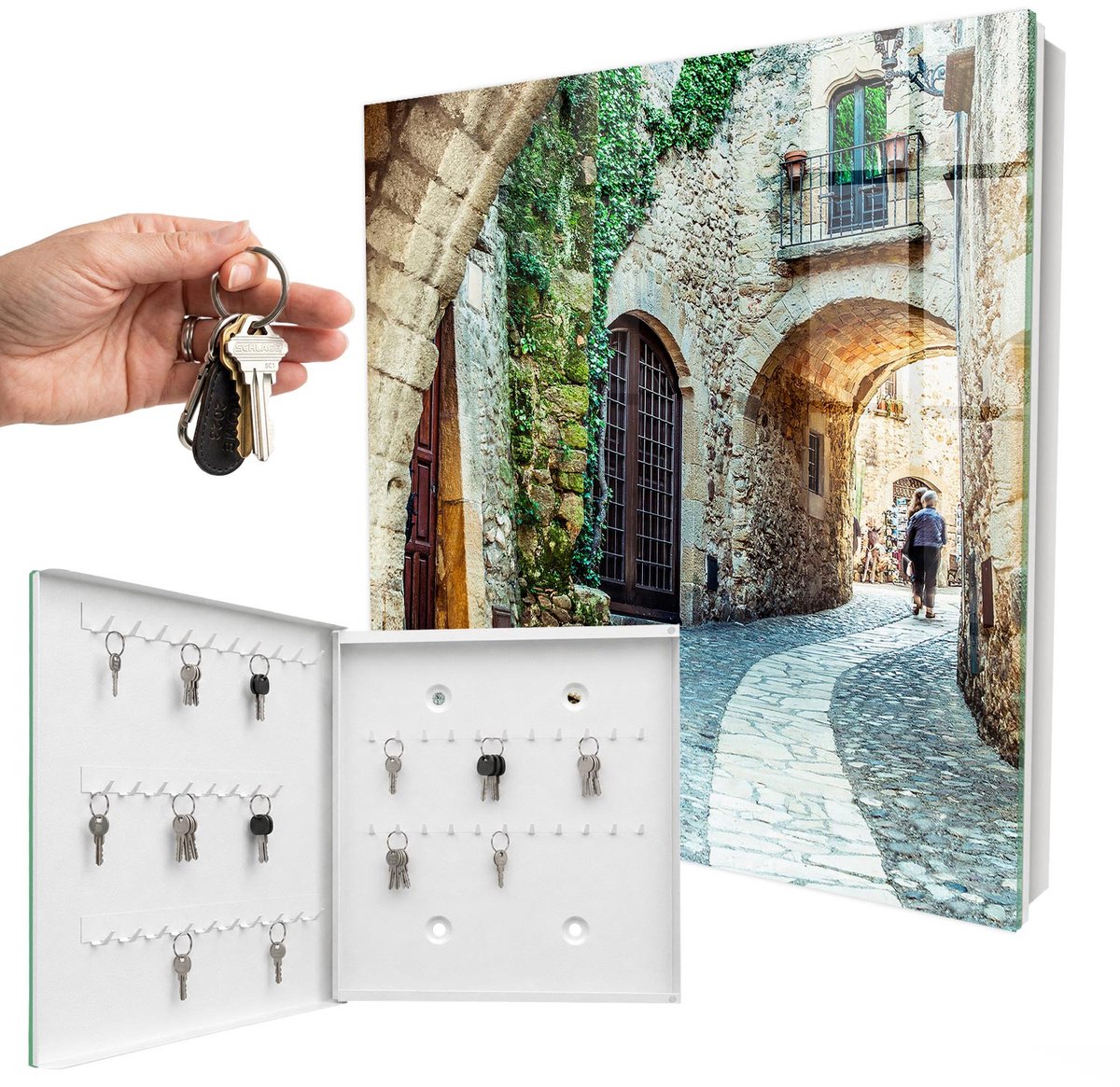 WallMuralia - Sleutelkast - 30x30x5 cm - met 50 haken - Historische Straat Design Sleutelkastje - Grijs Sleutelbox - Linksopenend - Wit interieur