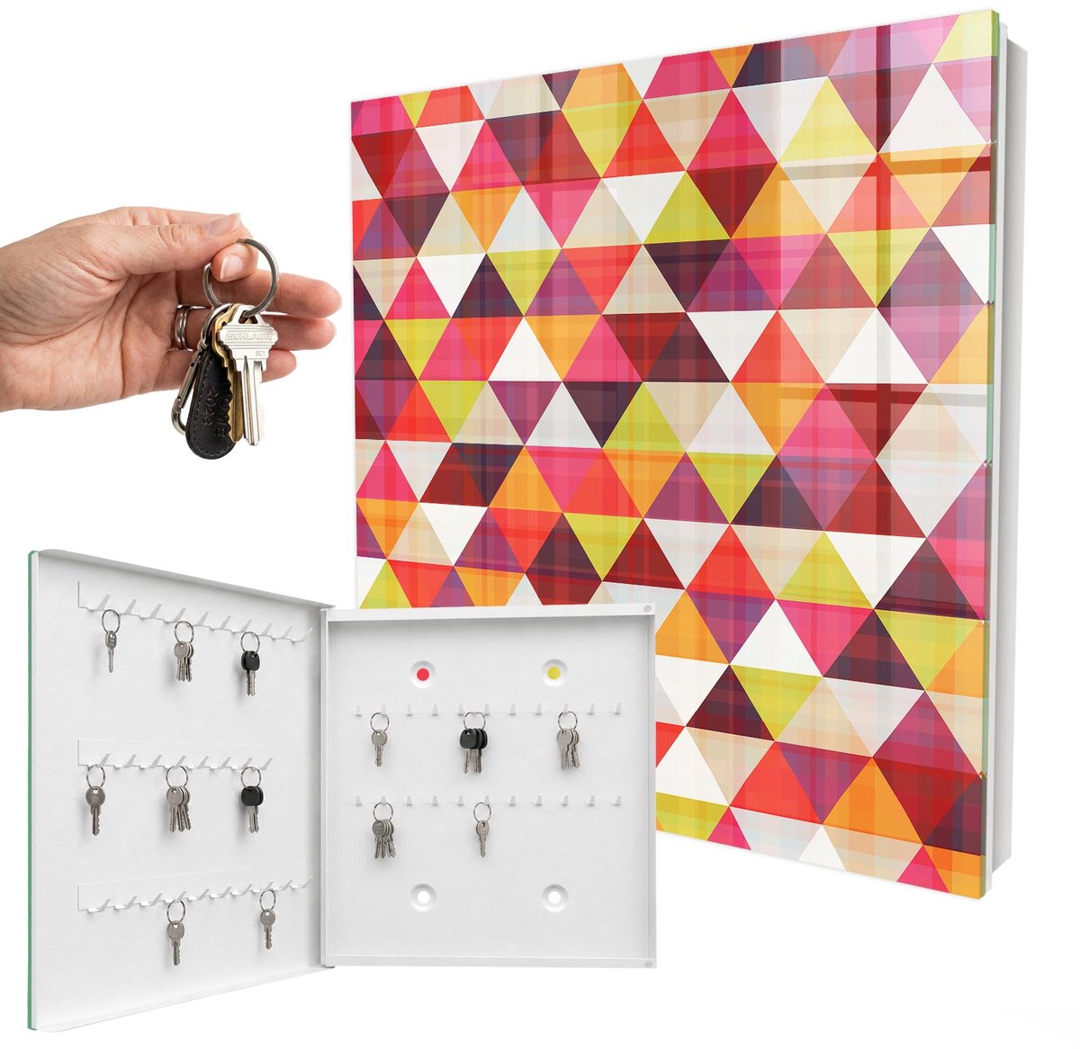 WallMuralia - Sleutelkast - 30x30x5 cm - met 50 haken - Kleurrijke Patronen Sleutelkastje Hal - Rood Sleutelbox - Linksopenend - Wit interieur