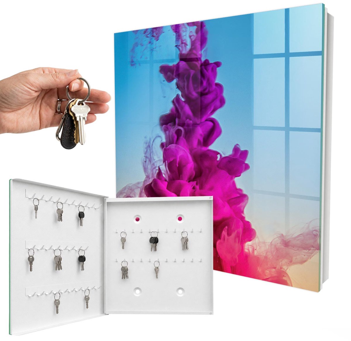 WallMuralia - Sleutelkast - 30x30x5 cm - met 50 haken - Kleurrijke Dynamiek Sleutelkastje Hal - Roze Sleutelbox - Linksopenend - Wit interieur