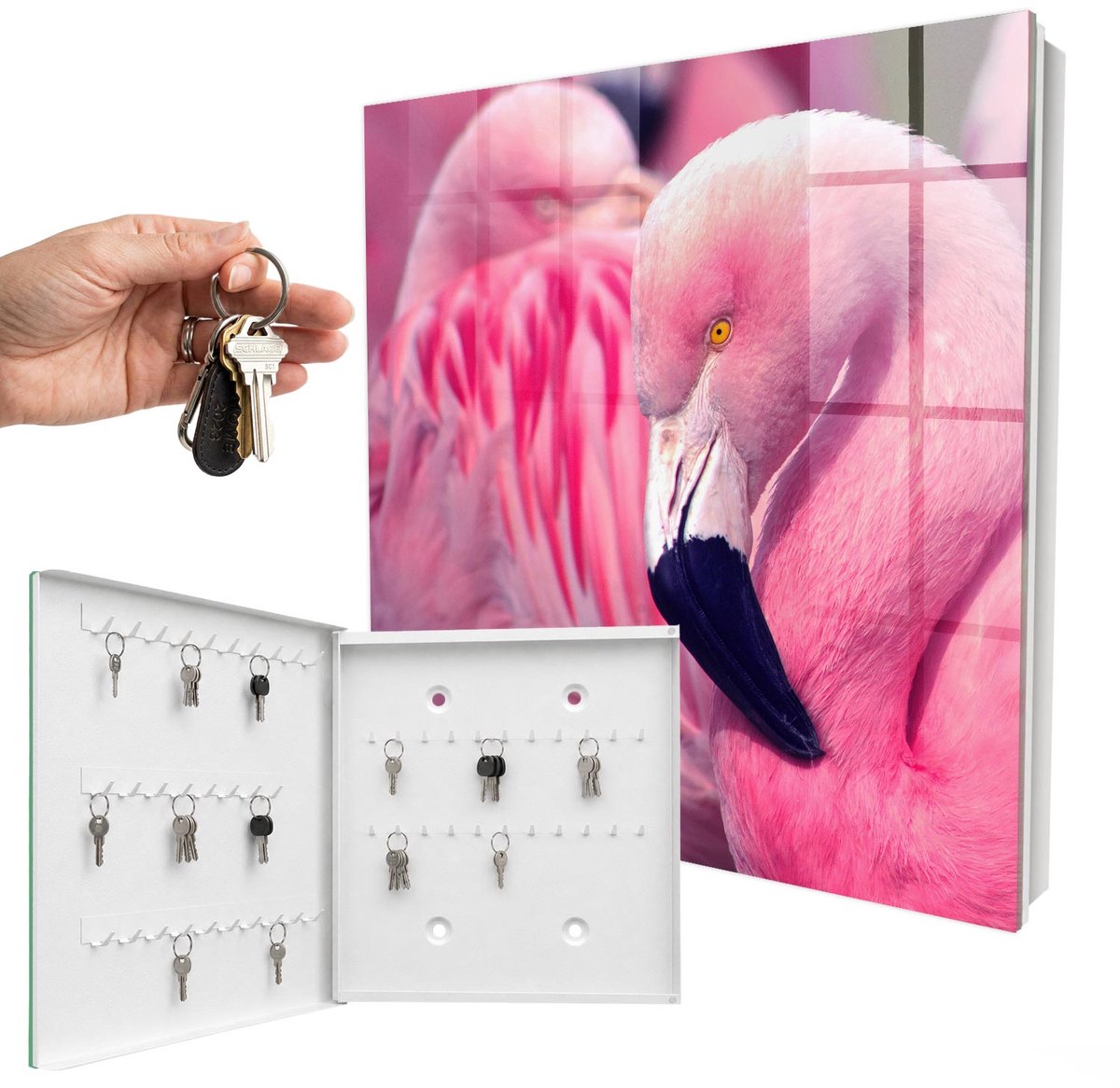 WallMuralia - Sleutelkast - 30x30x5 cm - met 50 haken - Roze Schoonheid Sleutelkastje Gang - Roze Sleutelbox - Linksopenend - Wit interieur