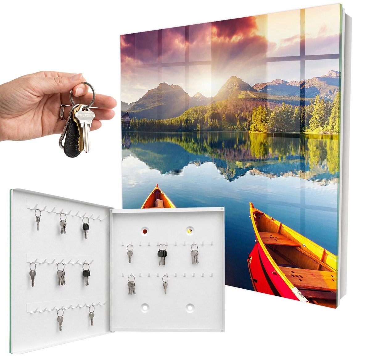 WallMuralia - Sleutelkast - 30x30x5 cm - met 50 haken - Bergvrede Sleutelkastje Binnen - Blauw Sleutelbox - Linksopenend - Wit interieur