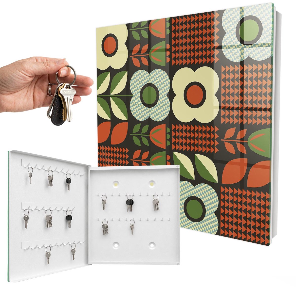 WallMuralia - Sleutelkast - 30x30x5 cm - met 50 haken - Vrolijke Bloemen Sleutelkastje Binnen - Rood Sleutelbox - Linksopenend - Wit interieur