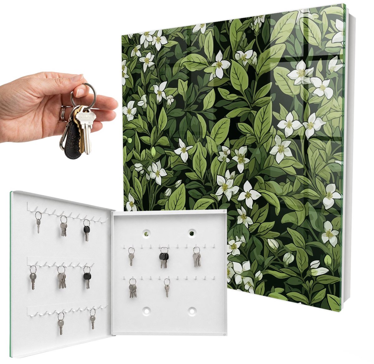 WallMuralia - Sleutelkast - 30x30x5 cm - met 50 haken - Plantmotief Sleutelkastje Huis - Groente Sleutelbox - Linksopenend - Wit interieur