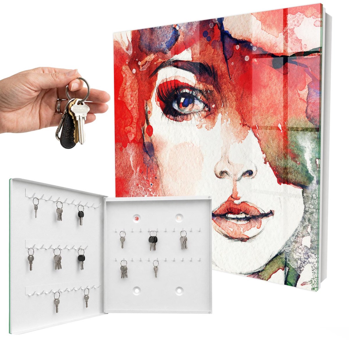 WallMuralia - Sleutelkast - 30x30x5 cm - met 50 haken - Portret Van Een Vrouw Sleutelkastje Gang - Rood Sleutelbox - Linksopenend - Wit interieur