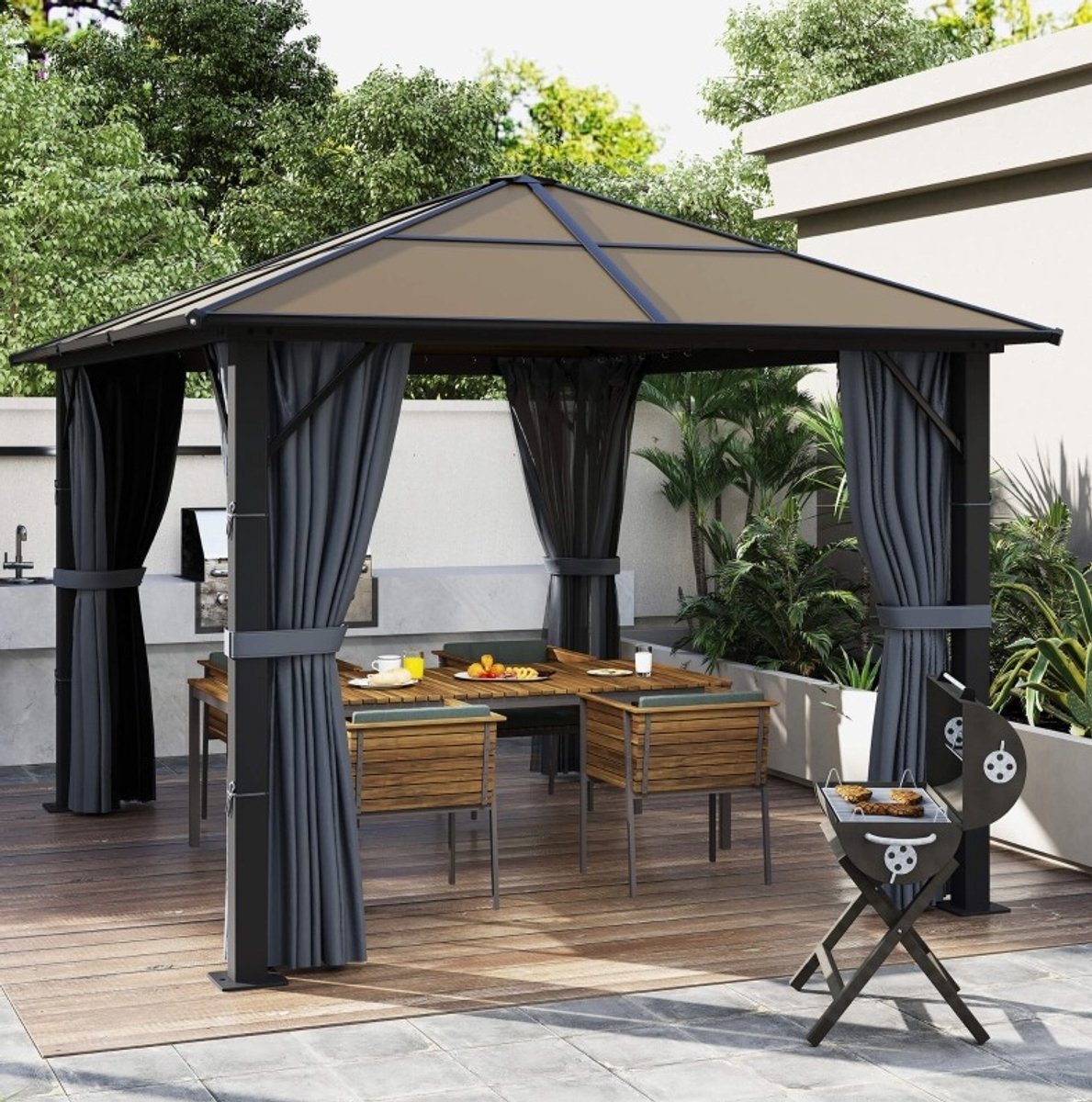 Paviljoen Hardtop 3 x 3 m - Polycarbonaat Dak - Aluminium Frame - Donkergrijs - Met Gordijnen En Muskietennetten