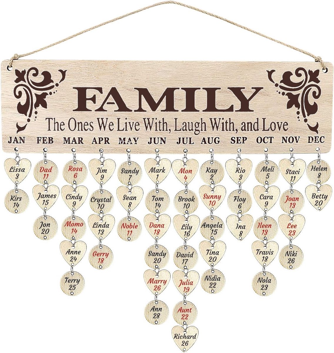 Houten Kalenderplaqueset - Doe-het-zelf Familieherinnering - Ronde en Hartvormige Labels - Natuurlijk Hout - Voor Thuis en Kantoor