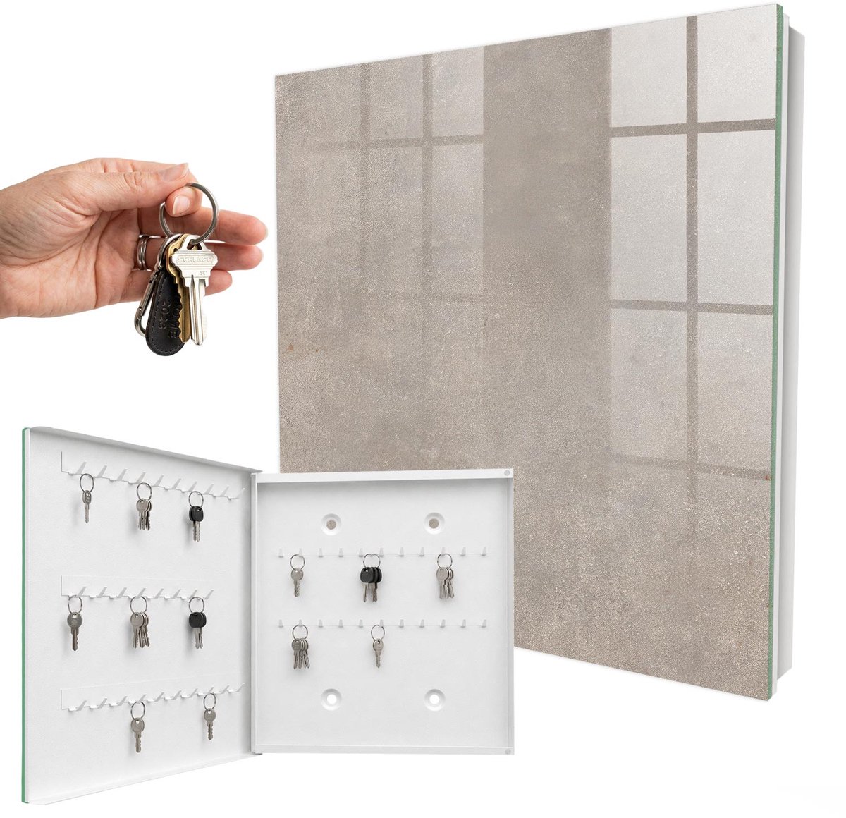 WallMuralia - Sleutelkast - 30x30x5 cm - met 50 haken - Elegante Textuur Sleutelkastje Hal - Grijs Sleutelbox - Linksopenend - Wit interieur