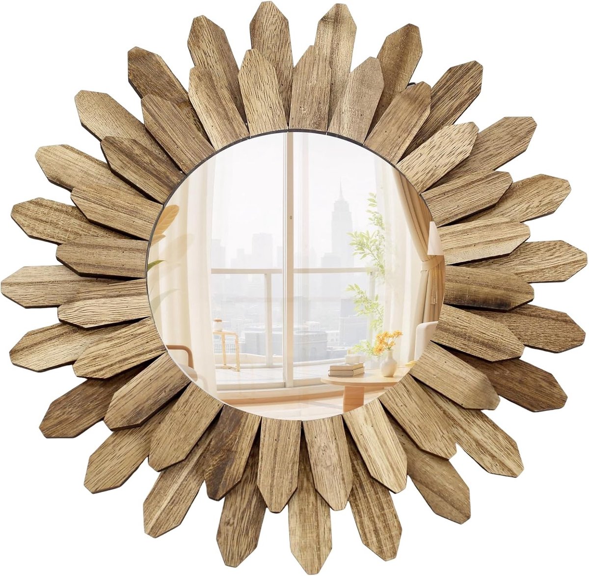 SnelShoppen - Bohemian Wandspiegel 30 cm - Rustiek Sunburst Design in Bruin - Decoratieve Houtlook Spiegel voor Woonkamer, Slaapkamer, Hal - Boho-Stij