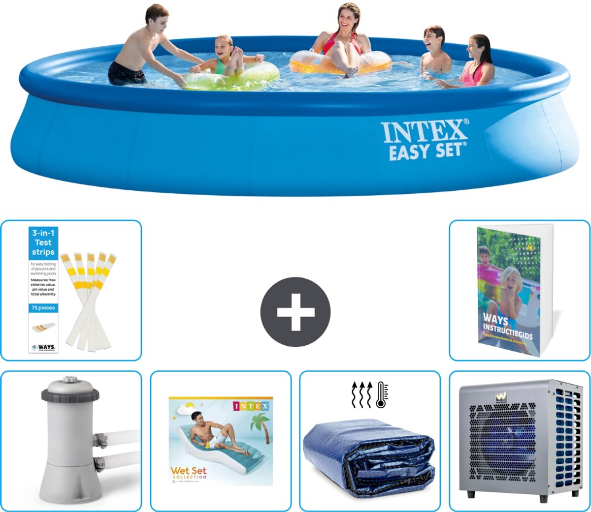 Intex Rond Opblaasbaar Easy Set Zwembad - 457 x 84 cm - Blauw - Inclusief Pomp - Loungebed - Solarzeil - Warmtepomp - 7-delig
