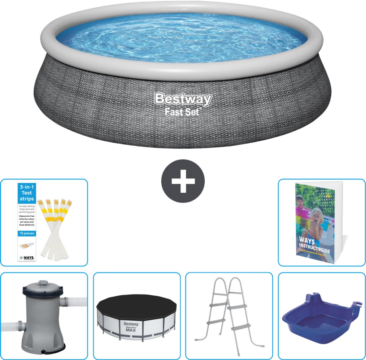 Bestway Rond Opblaasbaar Fast Set Zwembad - Rotanprint - 457 x 84 cm - Inclusief Pomp - Afdekzeil - Ladder - Voetenbad - 7-delig